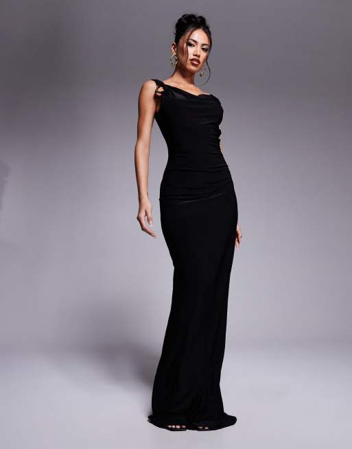Exclusivité - Fashionkilla - Robe longue et moulante à dos échancré en tissu double épaisseur avec col bénitier et détail anneau métallique - Noir