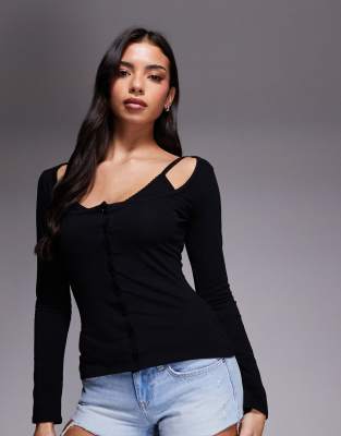 Exclusivité - Fashionkilla - Top manches longues boutonné en coton mélangé avec empiècement style soutien-gorge - Noir