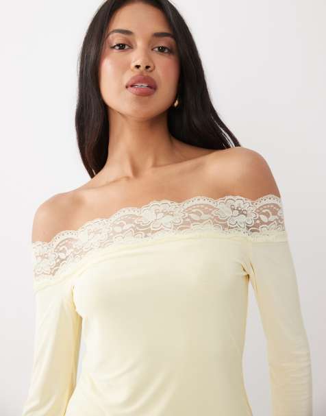 Exclusivité - Fashionkilla - Top manches longues près du corps en tissu double épaisseur avec encolure bardot et bordures dentelle - Citron - view 1