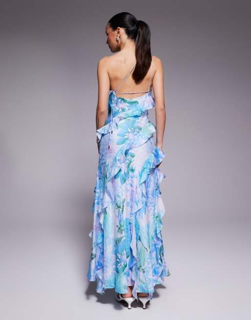 Exclusivité - Forever New Petite - Rosette - Robe longue à volants et imprimé fleuri - Bleu, 3 de 4
