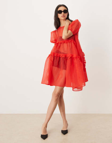 Exclusivité - Ghospell - Lennie - Robe courte en organza transparent à manches bouffantes, volants étagés et ourlet asymétrique - Rouge - view 1