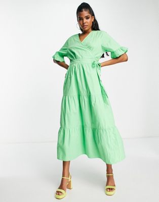 In The Style x Jac Jossa exclusive wrap detail tiered midi dress in green - ASOS Price Checker