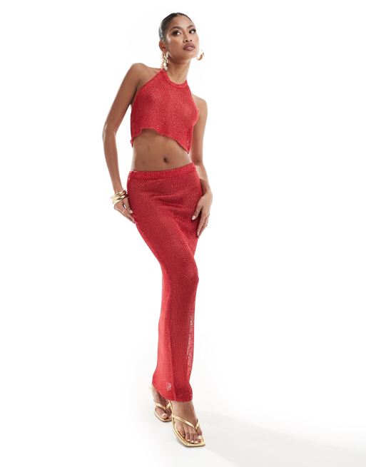 Exclusivité - In The Style x Perrie Sian - Jupe d'ensemble longue en maille fine ornée de sequins - Rouge