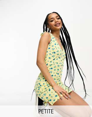 JDY Petite exclusive tie shoulder mini dress in yellow & blue floral - ASOS Price Checker