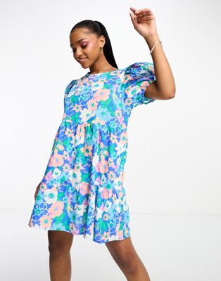 JDY exclusive puff sleeve mini smock dress in print blue & pink floral - ASOS Price Checker
