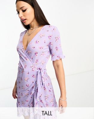 JDY Tall exclusive wrap mini tea dress in lilac vintage floral - ASOS Price Checker