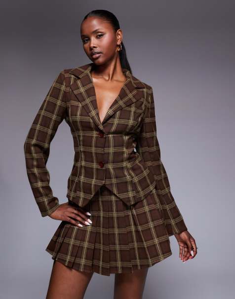 Exclusivité - Kaiia - Blazer ajusté d'ensemble à carreaux style années 90 - Marron - view 1