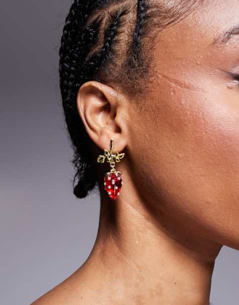 Exclusivité - Kaiia - Boucles d'oreilles fraises ornées de perles - Rouge et doré - view 1