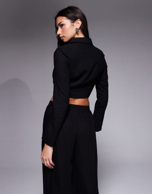 Exclusivité - Kaiia - Chemise courte d'ensemble en coton majoritaire à manches longues et épaules structurées - Noir  , 4 de 4