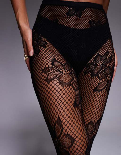 Exclusivité - Kaiia - Collants transparents en dentelle fleurie - Noir, 2 de 3