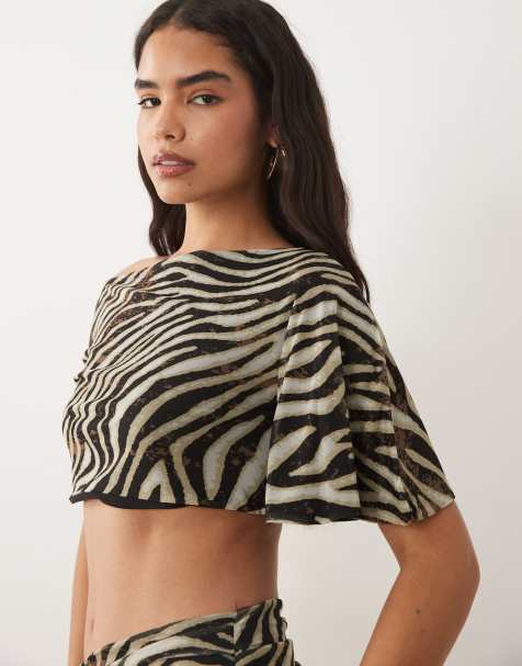 Exclusivité - Kaiia - Crop top d'ensemble en tulle texturé à épaules dénudées - Zébrures marron - view 1