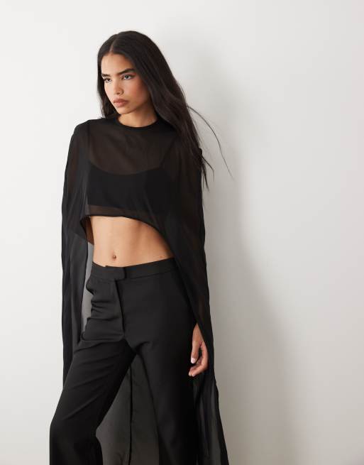 Exclusivité - Kaiia - Crop top d'ensemble long style cape en mousseline - Noir, 2 de 4