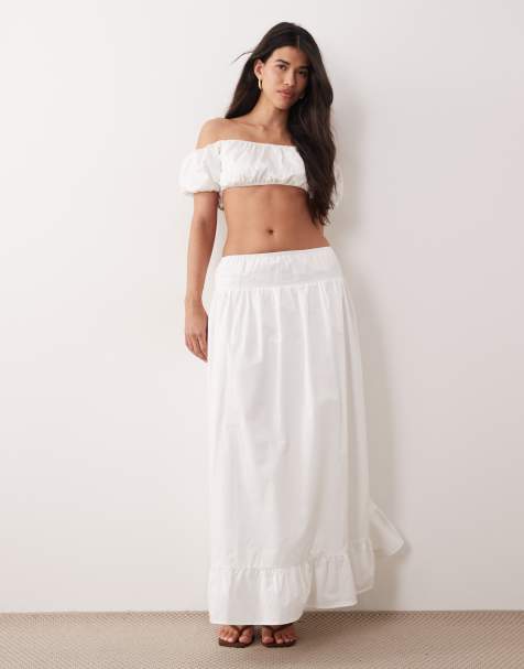 Exclusivité - Kaiia - Ensemble en coton avec crop top bandeau à manches bouffantes avec épaules dénudées et jupe longue à ourlet volanté - Blanc - view 1