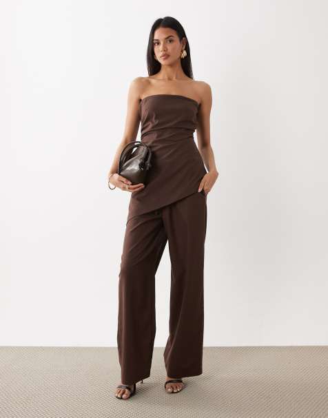 Exclusivité - Kaiia - Ensemble en lin mélangé avec pantalon ample et top bandeau asymétrique - Marron - view 1