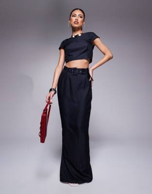 Ensemble Jupe Haut Court 2 Pièces imprimé rayé élégant pour Femmes, Ensemble Jupe Haut boutonné à Manches Longues Col Revers (M