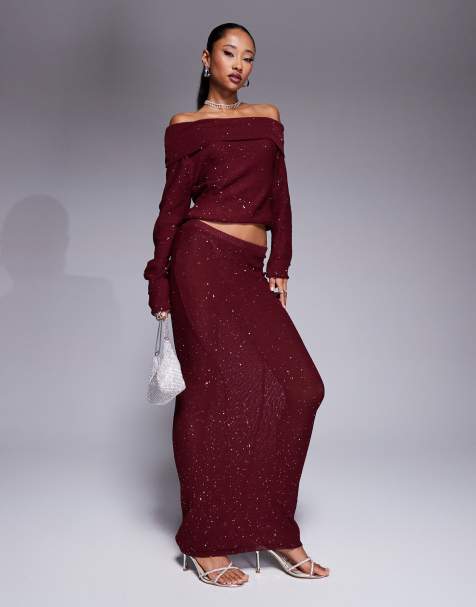 Exclusivité - Kaiia - Ensemble top à manches longues et épaules dénudées avec jupe longue ornés de sequins - Bordeaux - view 1