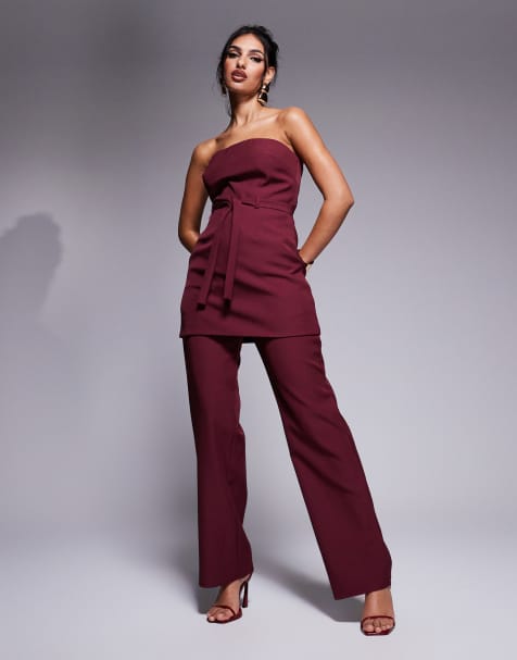 Exclusivité - Kaiia - Ensemble top bandeau long ajusté avec liens à nouer et pantalon large - Bordeaux - view 1