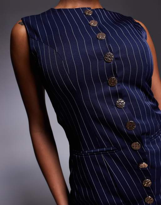 Exclusivité - Kaiia - Gilet de tailleur d'ensemble à fines rayures et boutons dorés effet martelé - Bleu marine, 4 de 4