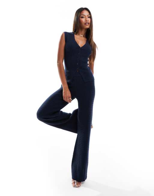 Exclusivité - Kaiia - Gilet de tailleur d'ensemble boutonné sans manches en maille torsadée fine - Bleu marine, 3 de 4