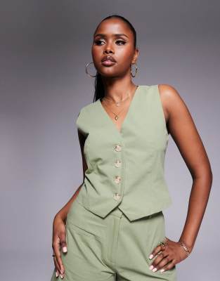 Exclusivité - - Gilet de tailleur d'ensemble en coton aspect lin - Sauge-Vert 42