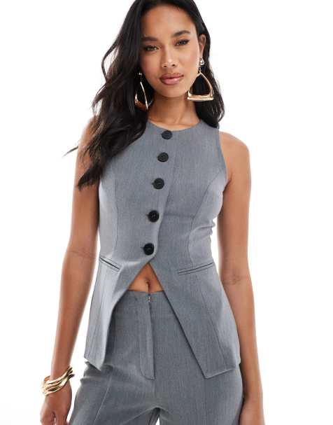 Exclusivité - Kaiia - Gilet de tailleur d'ensemble fendu sur l'avant à boutons - Anthracite - view 1