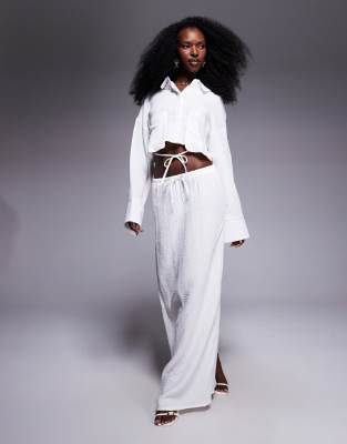 Exclusivité - Kaiia - Jupe longue d'ensemble à cordon de serrage en coton texturé - Blanc