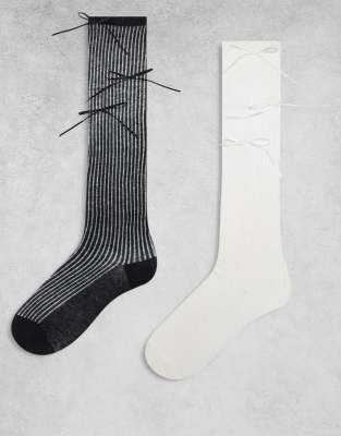 Exclusivité - Kaiia - Lot de 2 paires de mi-bas côtelés avec nauds en satin - Noir et blanc-Multicolore