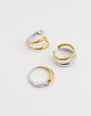 Exclusivité - Kaiia - Lot de 3 paires de bagues épaisses en acier inoxydable plaqué or 18 carats - Doré et argenté-Multicolore
