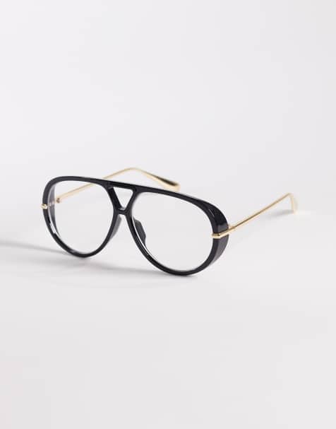 Exclusivité - Kaiia - Lunettes aviateur oversize à verres transparents - Noir et doré - view 1