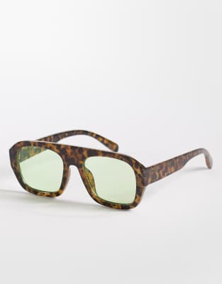 Exclusivité - Kaiia - Lunettes de soleil aviateur à monture épaisse et verres verts - Écaille de tortue clair-Multicolore