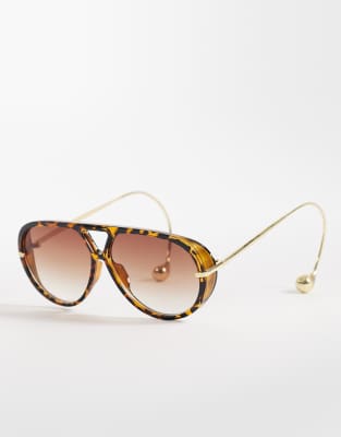 Exclusivité - Kaiia - Lunettes de soleil aviateur incurvées à verres fumés - Marron écaille de tortue et doré-Brown