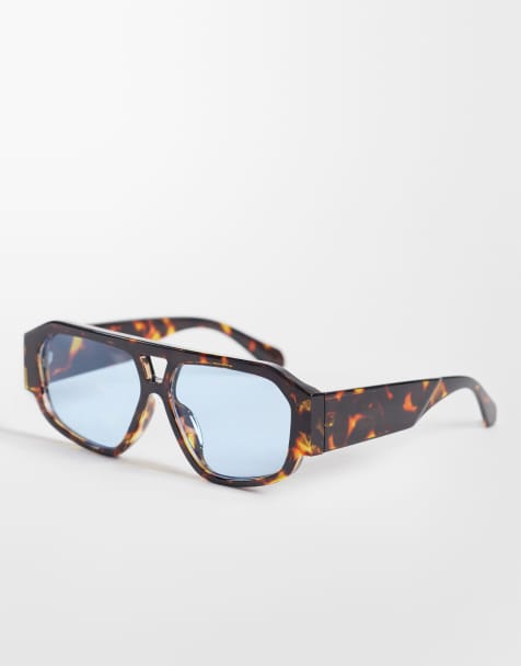 Exclusivité - Kaiia - Lunettes de soleil aviateur rectangulaires à verres bleus - Écaille de tortue - view 1