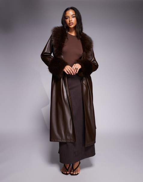 Exclusivité - Kaiia - Manteau long en similicuir avec détails en fausse fourrure - Marron chocolat - view 1