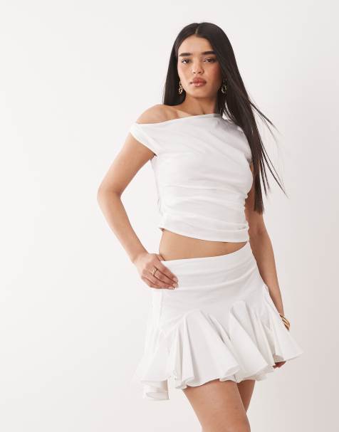 Exclusivité - Kaiia - Mini-jupe d'ensemble volumineuse en coton majoritaire stretch à godets - Blanc - view 1