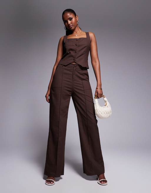 Exclusivité - Kaiia - Pantalon ample habillé d'ensemble en coton mélangé aspect lin - Chocolat    , 4 de 5