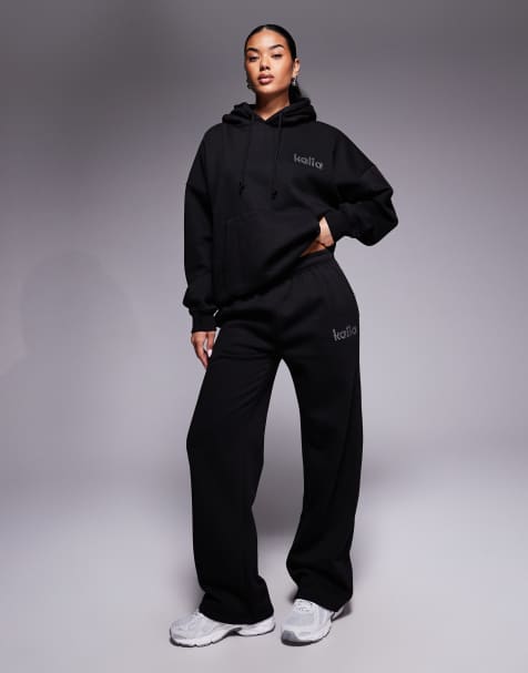 Exclusivité - Kaiia - Pantalon de jogging d'ensemble ample en coton mélangé avec logo orné de strass - Noir - view 1