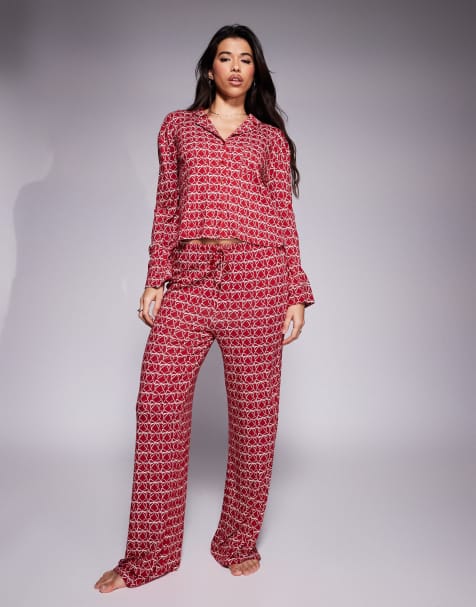 Exclusivité - Kaiia - Pantalon de pyjama d'ensemble à imprimé nœuds à assortir - Bordeaux - view 1