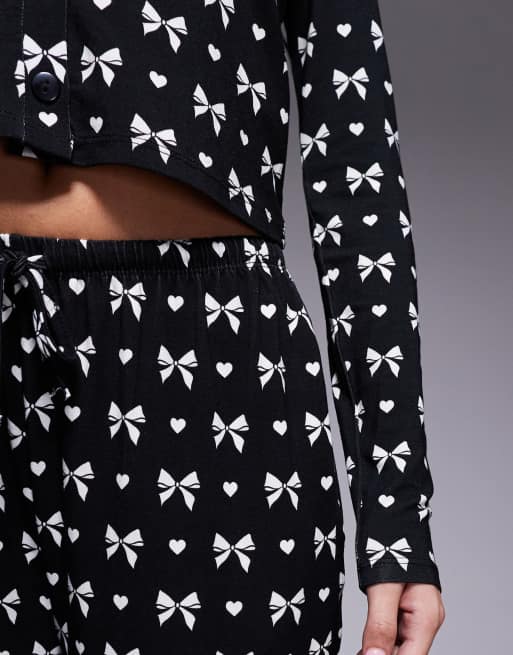 Pyjama Waites Noir à Fleurs Blanches - Ensemble Cami Et Pantalon Taille S, Satin Polyester