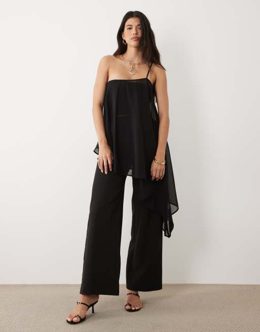 Kaiia - Exclusivité - Ensemble en mousseline avec top drapé asymétrique et pantalon - Noir, 3 de 3
