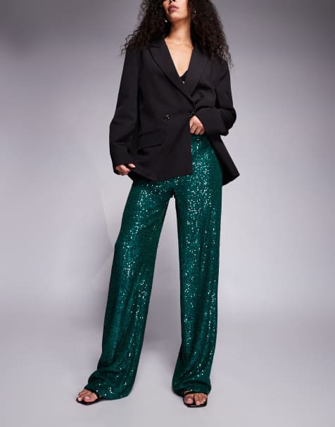Exclusivité - Kaiia - Pantalon droit de qualité supérieure avec sequins sur l'ensemble - Émeraude - view 1
