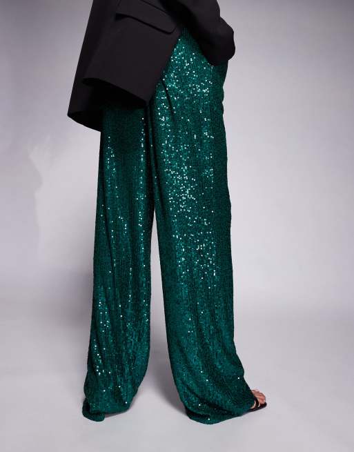 Exclusivité - Kaiia - Pantalon droit de qualité supérieure avec sequins sur l'ensemble - Émeraude, 3 de 5