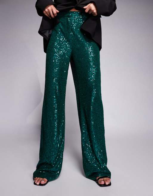 Exclusivité - Kaiia - Pantalon droit de qualité supérieure avec sequins sur l'ensemble - Émeraude, 5 de 5