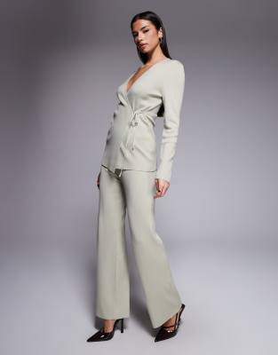 Exclusivité - - Pantalon large d'ensemble en maille à nervures - Sauge-Blanc 42