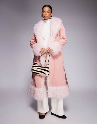 Exclusivité - Kaiia - Penny Lane - Manteau long avec bordure en fausse fourrure - Vieux rose