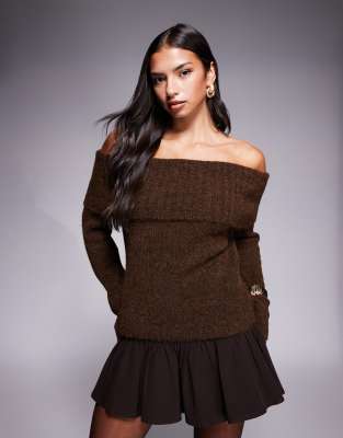 Exclusivité - - Pull texturé en aspect laine à encolure bardot profonde et rabattue - Chocolat-Brown S