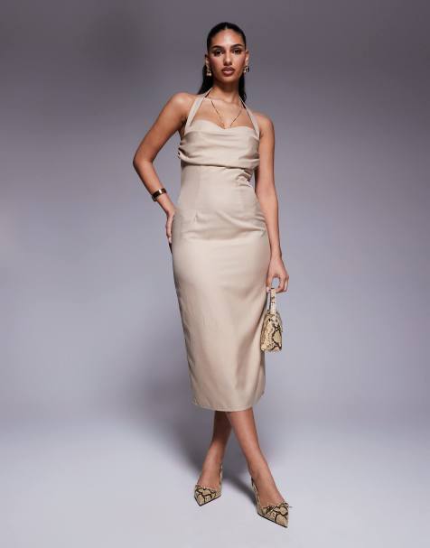 Exclusivité - Kaiia - Robe ajustée longueur mollet à fines rayures avec buste drapé et dos nu - Taupe - view 1