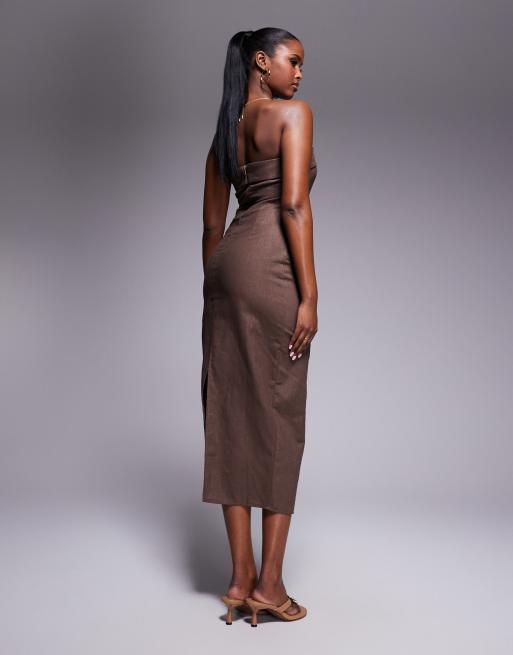 Exclusivité - Kaiia - Robe ajustée longueur mollet avec poches et bustier à revers en lin mélangé - Chocolat  , 2 de 4