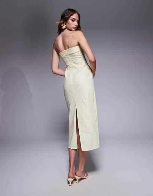 Exclusivité - Kaiia - Robe ajustée longueur mollet avec poches et bustier à revers en lin mélangé - Jaune  , 4 de 4