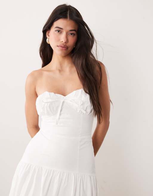 Exclusivité - Kaiia - Robe bandeau longue en coton à taille basse avec décolleté en cœur et ourlet froncé - Blanc, 2 de 4