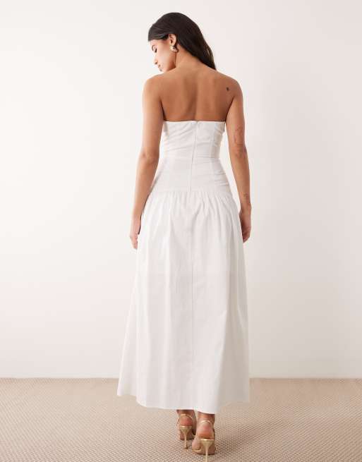 Exclusivité - Kaiia - Robe bandeau longue en coton à taille basse avec décolleté en cœur et ourlet froncé - Blanc, 4 de 4